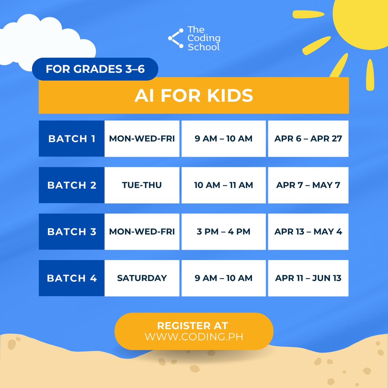 Calendar of AI for Kids classes at The Coding School with dates and times.